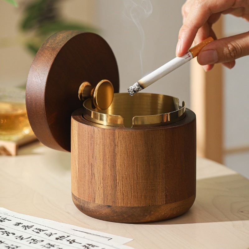 New Chinese Style Ashtray with Cover Solid Wood