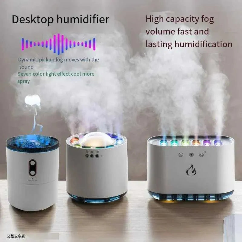 Humidifiers Household Air Humidifier Purifier LED Seven Color Ambient Light Decoration Bedroom Office Car Flame Aroma Diffuser 900ML Y240628