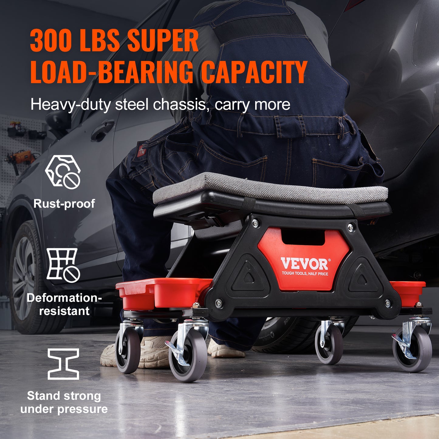 VEVOR Mechanics Stool, 300 LBS Capacity Rolling Mechanic Seat with Wheels, with Three Slide Out Tool Trays and Drawer, Heavy Duty Roller Creeper Seat for Home Garage DIY Automotive