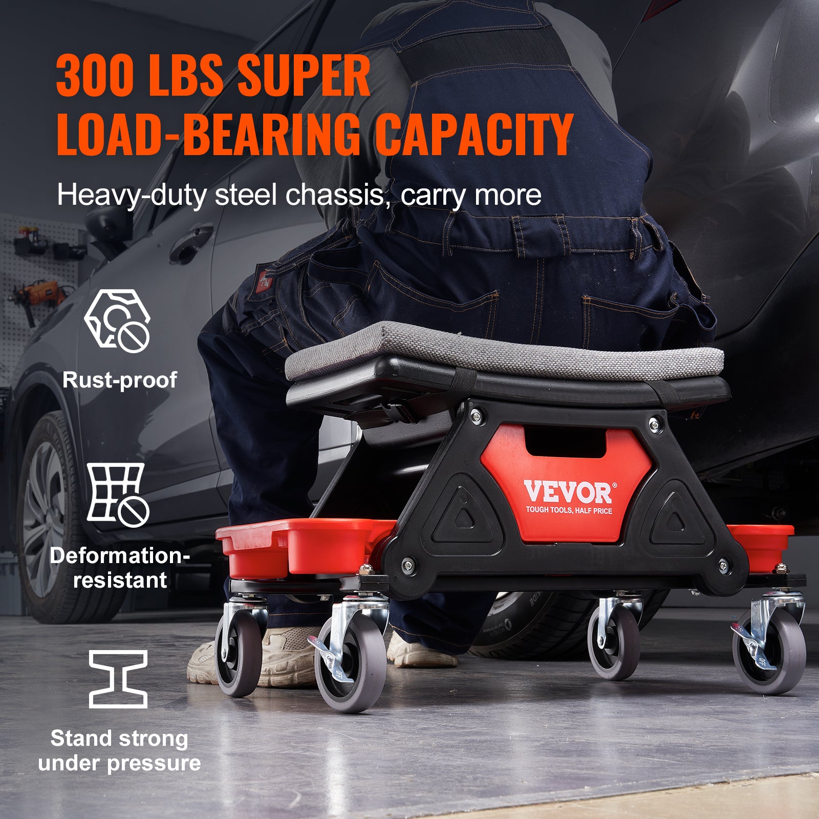 VEVOR Mechanics Stool, 300 LBS Capacity Rolling Mechanic Seat with Wheels, with Three Slide Out Tool Trays and Drawer, Heavy Duty Roller Creeper Seat for Home Garage DIY Automotive