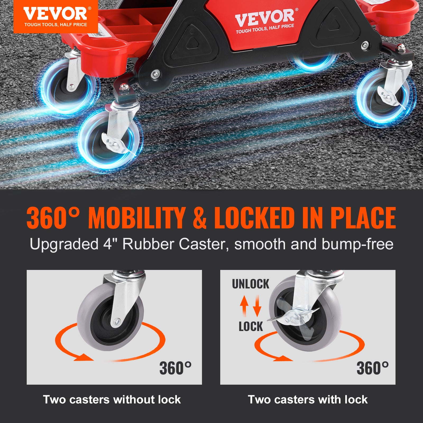 VEVOR Mechanics Stool, 300 LBS Capacity Rolling Mechanic Seat with Wheels, with Three Slide Out Tool Trays and Drawer, Heavy Duty Roller Creeper Seat for Home Garage DIY Automotive