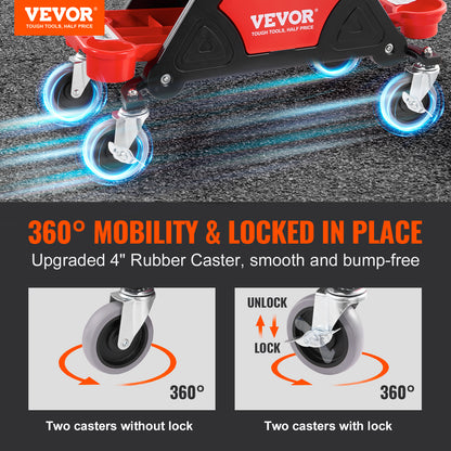 VEVOR Mechanics Stool, 300 LBS Capacity Rolling Mechanic Seat with Wheels, with Three Slide Out Tool Trays and Drawer, Heavy Duty Roller Creeper Seat for Home Garage DIY Automotive