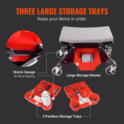 VEVOR Mechanics Stool, 300 LBS Capacity Rolling Mechanic Seat with Wheels, with Three Slide Out Tool Trays and Drawer, Heavy Duty Roller Creeper Seat for Home Garage DIY Automotive