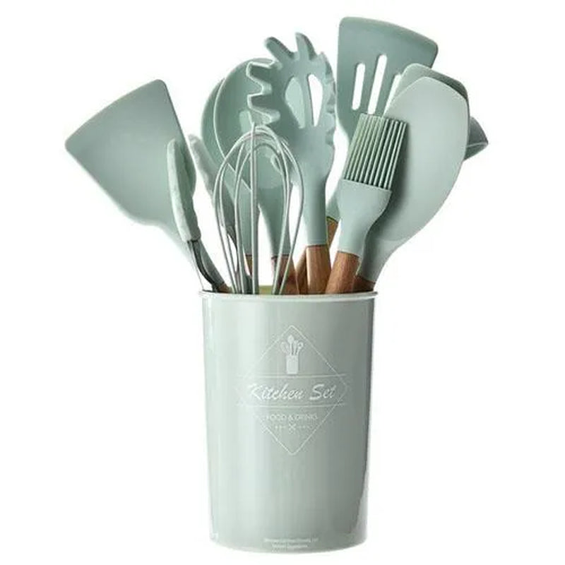 Silicone Kitchenware Set with Wooden Handle Nonstick Spoon Scoop Spatula Tongs Utensilios De Cocina Kitchen Utensils Tool