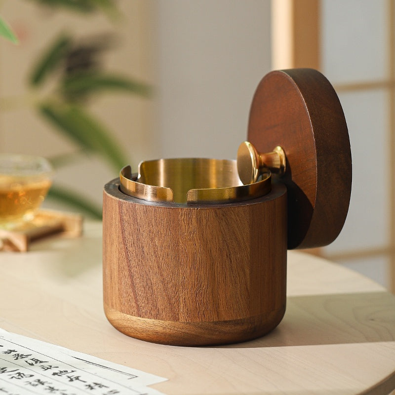 New Chinese Style Ashtray with Cover Solid Wood