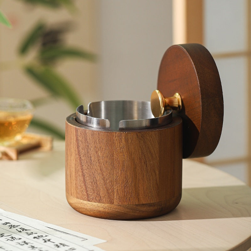 New Chinese Style Ashtray with Cover Solid Wood