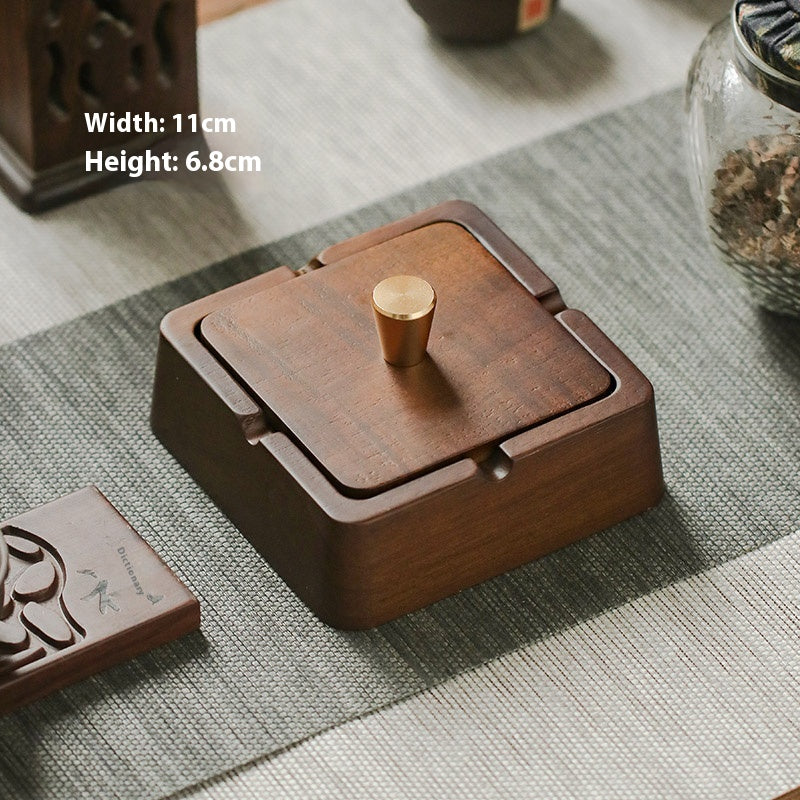 New Chinese Style Ashtray with Cover Solid Wood