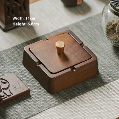 New Chinese Style Ashtray with Cover Solid Wood